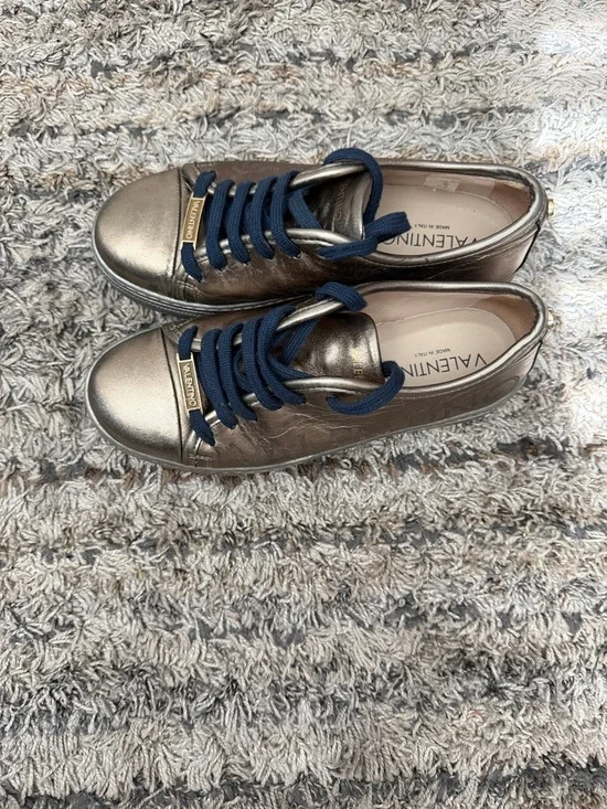 Valentino Metallic Bronze Leather Sneakers with Navy Laces sz 9 - Picture 5 of 15